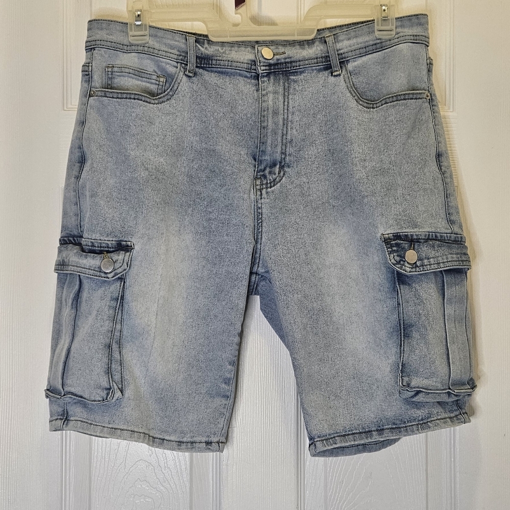 Stone Washed Denim Cargo Shorts